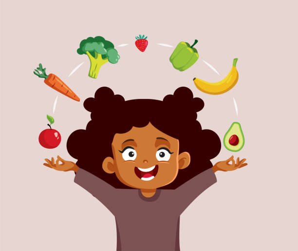Child juggling fruits and vegetables